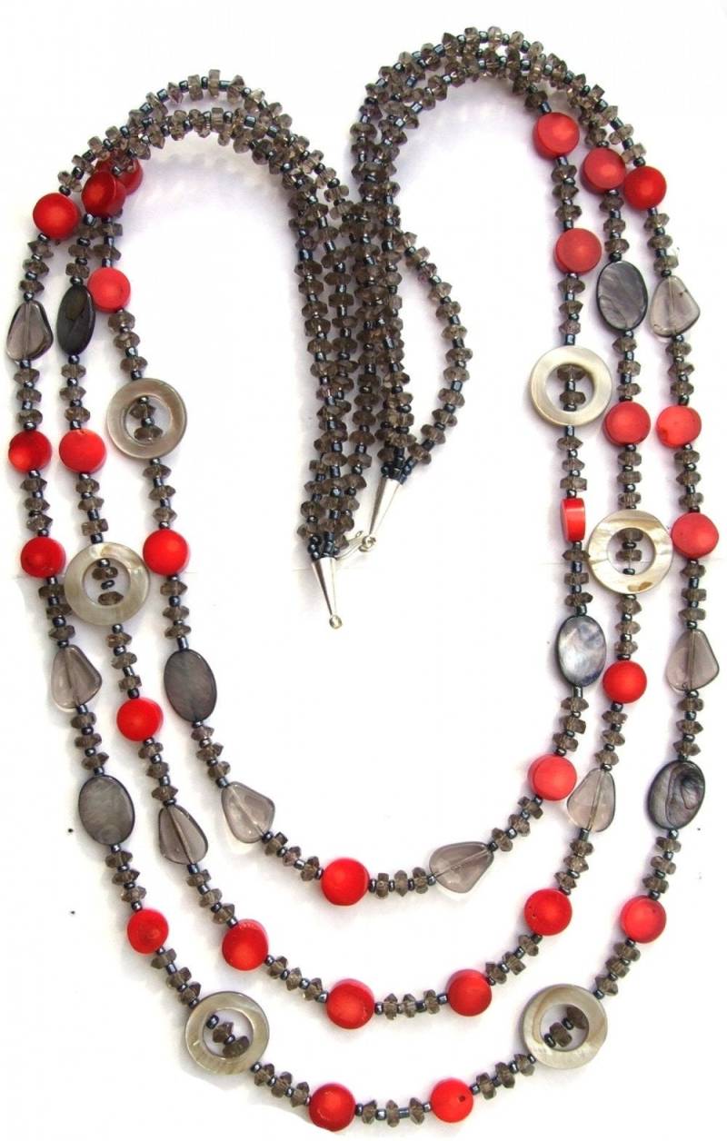 Kette 28x Rote Koralle Rauchquarz Perlmutt 925 Silber Lang 3-Reihig Mermaidcollection von Markasitschmuck