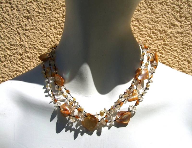 Kette Citrin Perle Perlmutt Geknotet Extrem Variabel Tragbar Gelb 141cm von Markasitschmuck