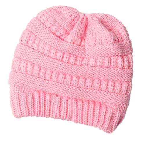 Markcur Damen Beanie Strickmütze Gestrickt Verdicken Hut Warme mit Zöpfen Loch Loop Wintermütze für Pferdeschwanz Rosa von Markcur