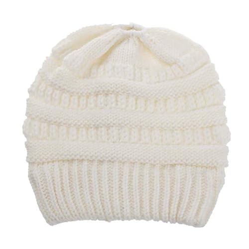 Markcur Damen Strickmütze für Pferdeschwanz Mütze Gestrickt Verdicken Wintermütze Warme Beanie Hut mit Zopfloch Weiß von Markcur