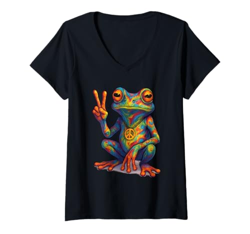 Damen 70er Jahre Groovy Hippie Frog zeigt das Peace Zeichen T-Shirt mit V-Ausschnitt Damen 70er Jahre Groovy Hippie Frog zeigt das Peace Zeichen T-Shirt mit V-Ausschnitt von Marke: 70er und 60er Themenparty Outfits & Co.