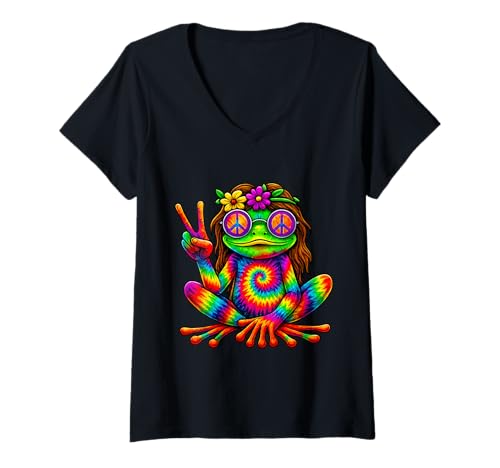 Damen Groovy Hippie Frog zeigt das Peace Zeichen - 70er Jahre T-Shirt mit V-Ausschnitt Damen Groovy Hippie Frog zeigt das Peace Zeichen - 70er Jahre T-Shirt mit V-Ausschnitt von Marke: 70er und 60er Themenparty Outfits & Co.