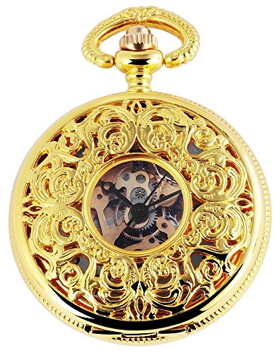 Taschenuhr mit Mechanikwerk und Motiv Skelett 485602000008 Goldfarbiges Gehäuse im Maße 47mm x 16mm mit Ziffernblattfarbe Weiß Goldfarben und Mineralglas von Markenlos