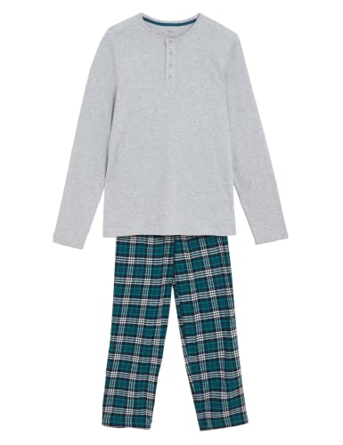 Marks & Spencer Herren Langärmeliges Raglan-Pyjama-Set aus gebürstetem Karomuster Pyjamaset, Teal Mix, Large (2er Pack) von Marks & Spencer