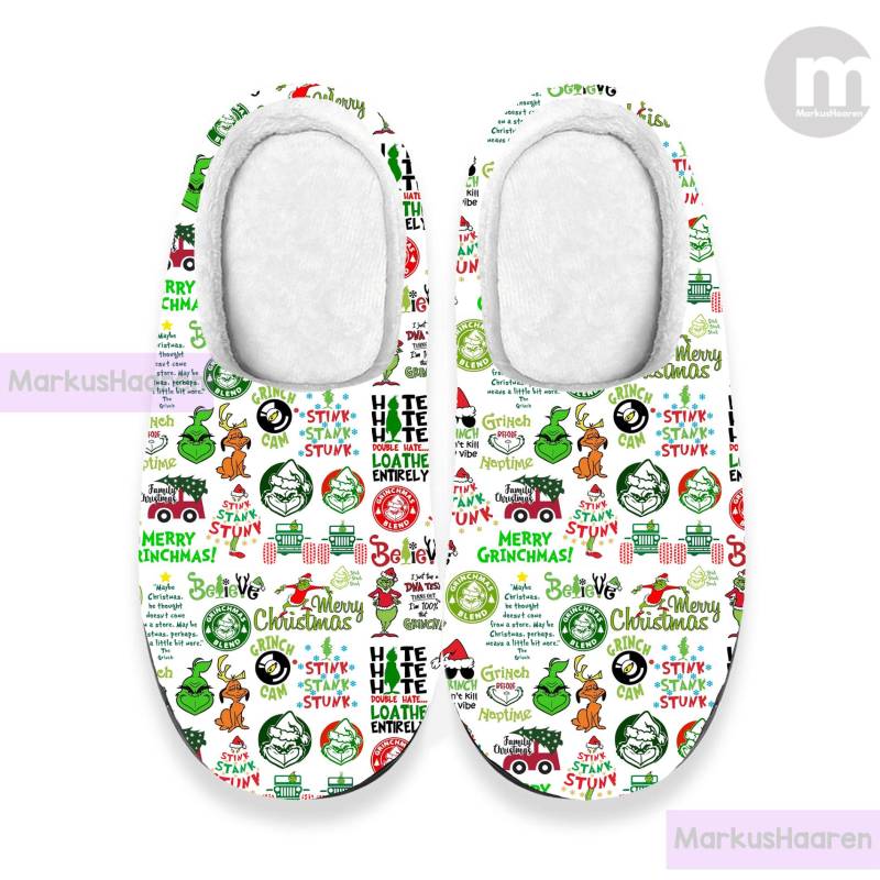 Grinch Weihnachten 3D All Over Print Hausschuh, Benutzerdefinierte Gummipantoffel, Personalisierte Winterpantoffel, Baumwollhausschuh von MarkusHaaren