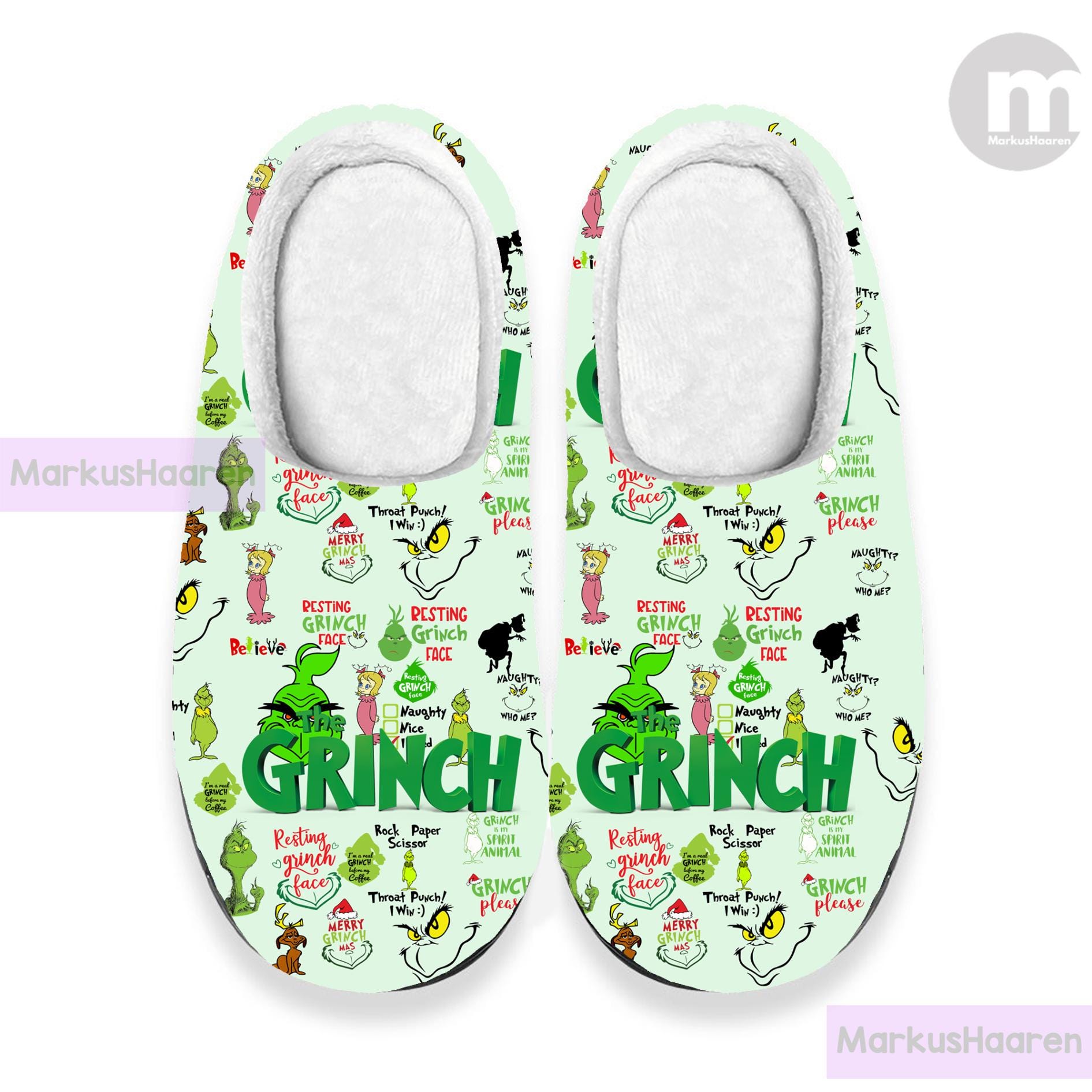 Personalisierte Grinch Weihnachten 3D All Over Print Slipper, Benutzerdefinierte Gummipantoffel, Winterhauspantoffel, Baumwollpantoffel von MarkusHaaren