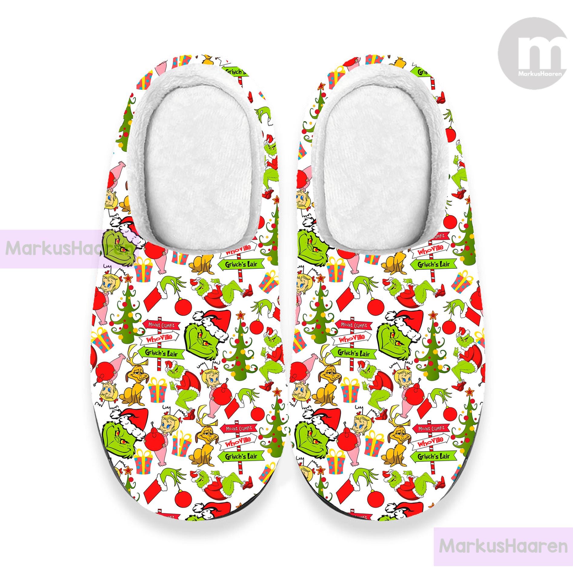 Personalisierte Grinch Weihnachten 3D All Over Printed Pantoffel, Benutzerdefinierte Gummipantoffel, Winter-Hausschuh, Baumwollhausschuh von MarkusHaaren