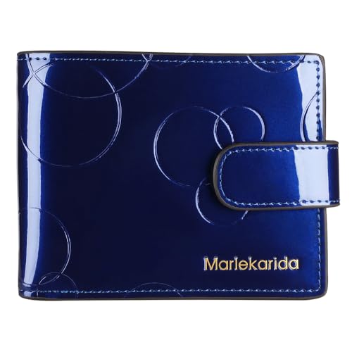 Mode Echtleder Damen Geldbörse Glänzendes Lackleder Große Kapazität Mehrere Kartenfächer Kurz Faltstil Schnappverschluss RFID Abschirmung Schutz Kreditkartenclip, Blau, Eleganter Stil von Marlekarida