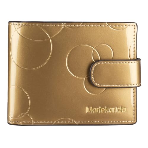 Mode Echtleder Damen Geldbörse Glänzendes Lackleder Große Kapazität Mehrere Kartenfächer Kurz Faltstil Schnappverschluss RFID Abschirmung Schutz Kreditkartenclip, Goldfarben, Eleganter Stil von Marlekarida