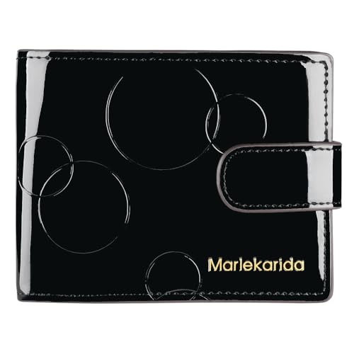 Mode Echtleder Damen Geldbörse Glänzendes Lackleder Große Kapazität Mehrere Kartenfächer Kurz Faltstil Schnappverschluss RFID Abschirmung Schutz Kreditkartenclip, Schwarz, Eleganter Stil von Marlekarida