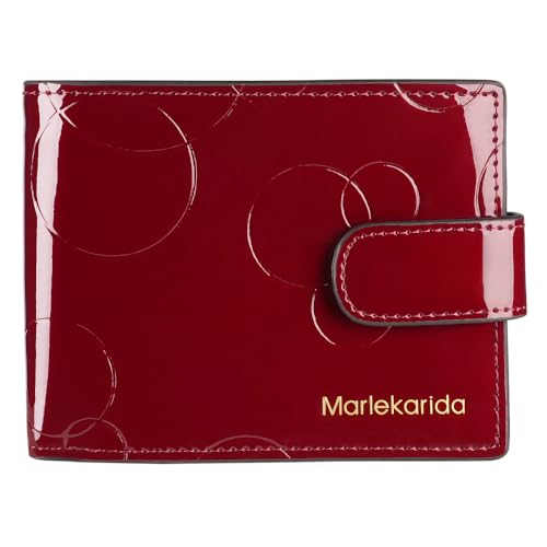Mode Echtleder Damen Geldbörse Glänzendes Lackleder Große Kapazität Mehrere Kartenfächer Kurz Faltstil Schnappverschluss RFID Abschirmung Schutz Kreditkartenclip, Weinrot, Eleganter Stil von Marlekarida