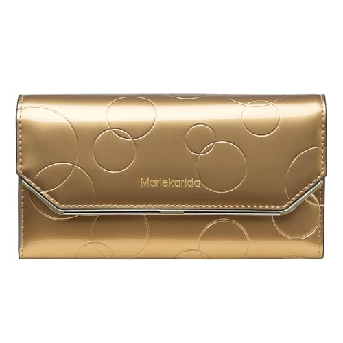 Modische Damen Leder Geldbörse Große Kapazität Multifunktional Schnappverschluss Dreifach Lang Stil RFID Abschirmung Schutz Kreditkarte Tragetasche, Goldfarben, Eleganter Stil von Marlekarida