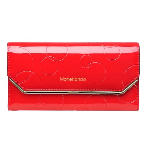 Modische Damen Leder Geldbörse Große Kapazität Multifunktional Schnappverschluss Dreifach Lang Stil RFID Abschirmung Schutz Kreditkarte Tragetasche, Rot/Ausflug, einfarbig (Getaway Solids), Eleganter von Marlekarida