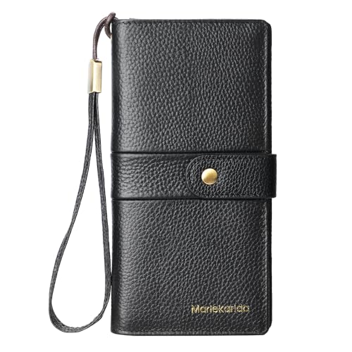 Modische Damengeldbörse aus Leder, 20 Kartenfächer, 4 Spiegelfenster, 3 Geldscheinfächer, Reißverschluss-Schnappverschluss, RFID-Abschirmung Schutz, Kreditkartenclip, lange Geldbörse mit Handschlaufe von Marlekarida