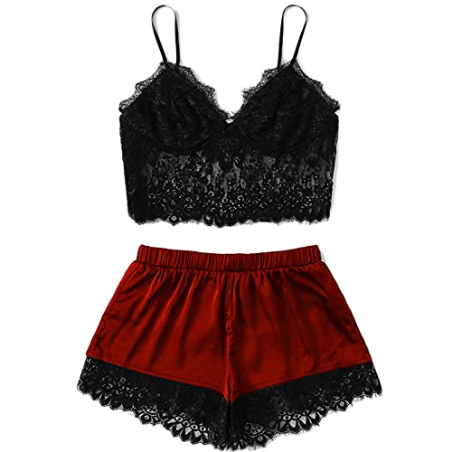 Nachtwäsche Damen Zweiteiler Pyjama Set Sexy Negligee Cami Top und Shorts Satin Schlafanzug Set Kurz Nachthemd Spitze Dessous Stilvoll Pyjama Bequem Sleepwear Elegant Crop Einfarbig Hausanzug von Marlene1988