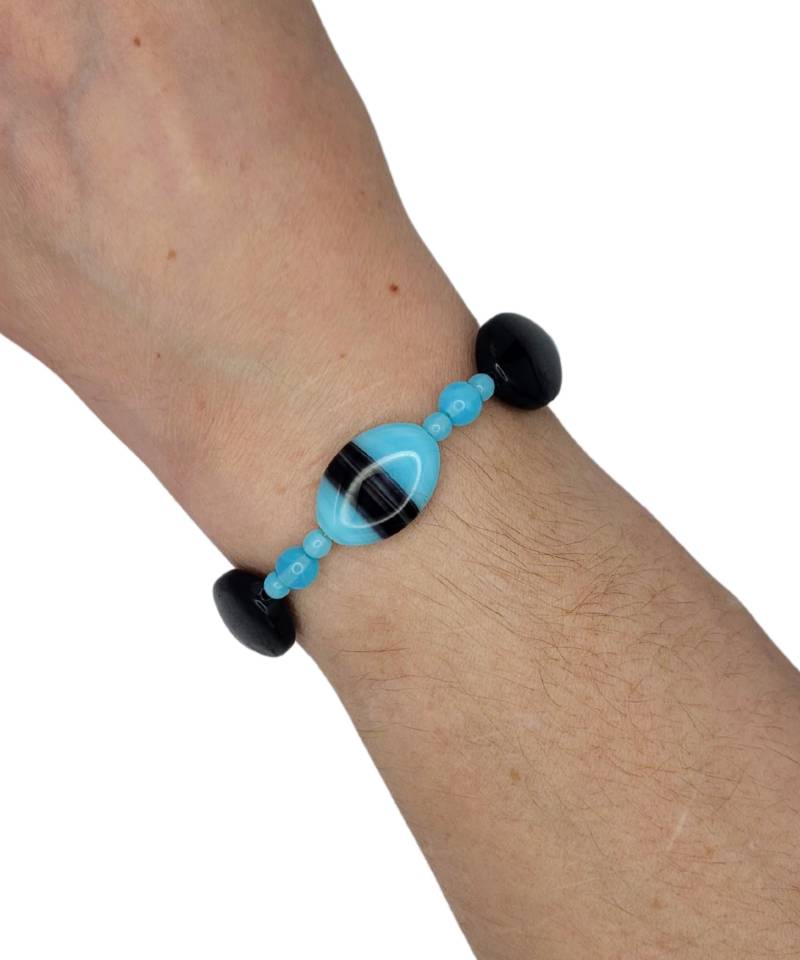 Handgefertigtes Perlenarmband Opal Aqua, Lila Wirbel, Schwarze Kugel Handgefertigtes Perlenarmband Opal Aqua, Lila Wirbel, Schwarze Kugel von MarletteLLC