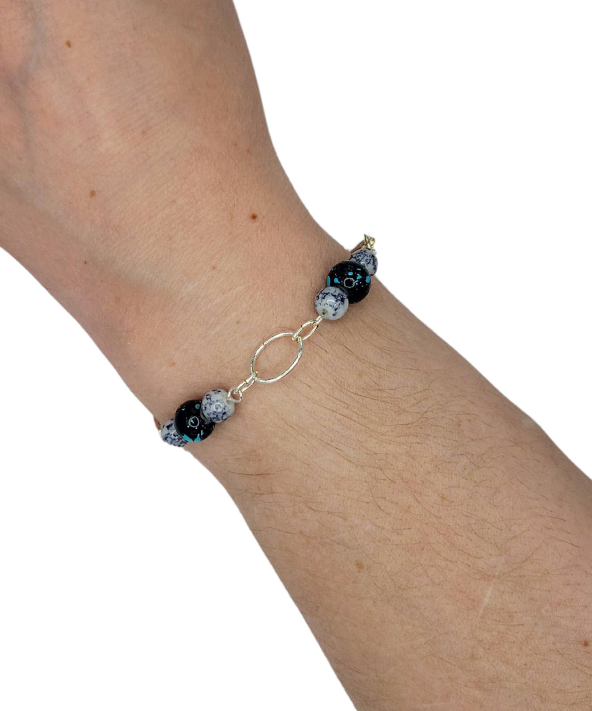 Handgemachte Schwarz Aqua Marmor Perlen Armband Silber Gliederkette Schmuck Handgemachte Schwarz Aqua Marmor Perlen Armband Silber Gliederkette Schmuck von MarletteLLC