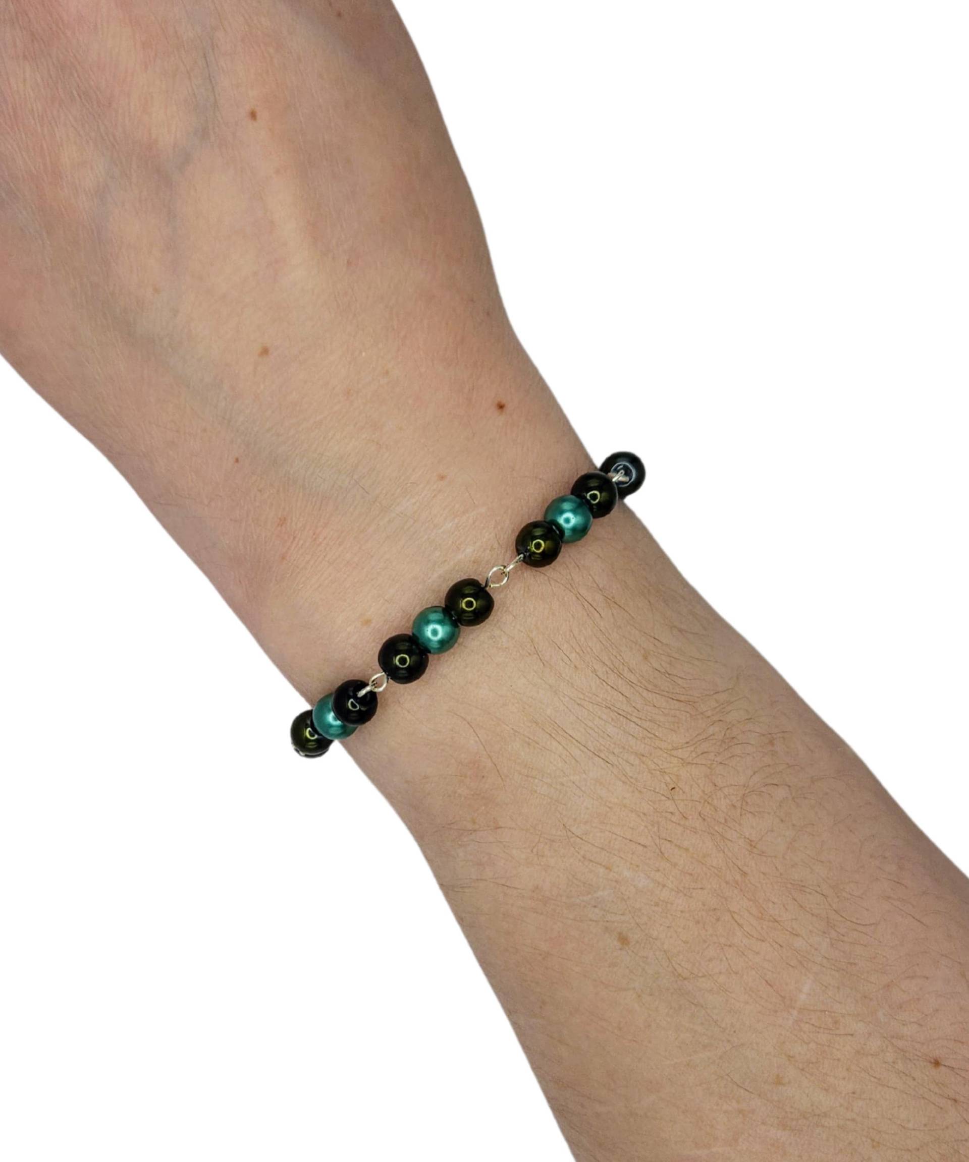Petrol & Oliv Perlen Armband Silber Eyepin Kette, Handgemachter Schmuck Petrol & Oliv Perlen Armband Silber Eyepin Kette, Handgemachter Schmuck von MarletteLLC