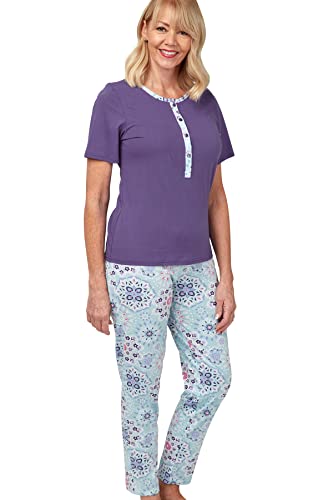 Marlon Damen Anya 100% Cotton Jersey Tile Print & Plain Long Pyjama Pyjamaset, Blue, 10-12 von Marlon