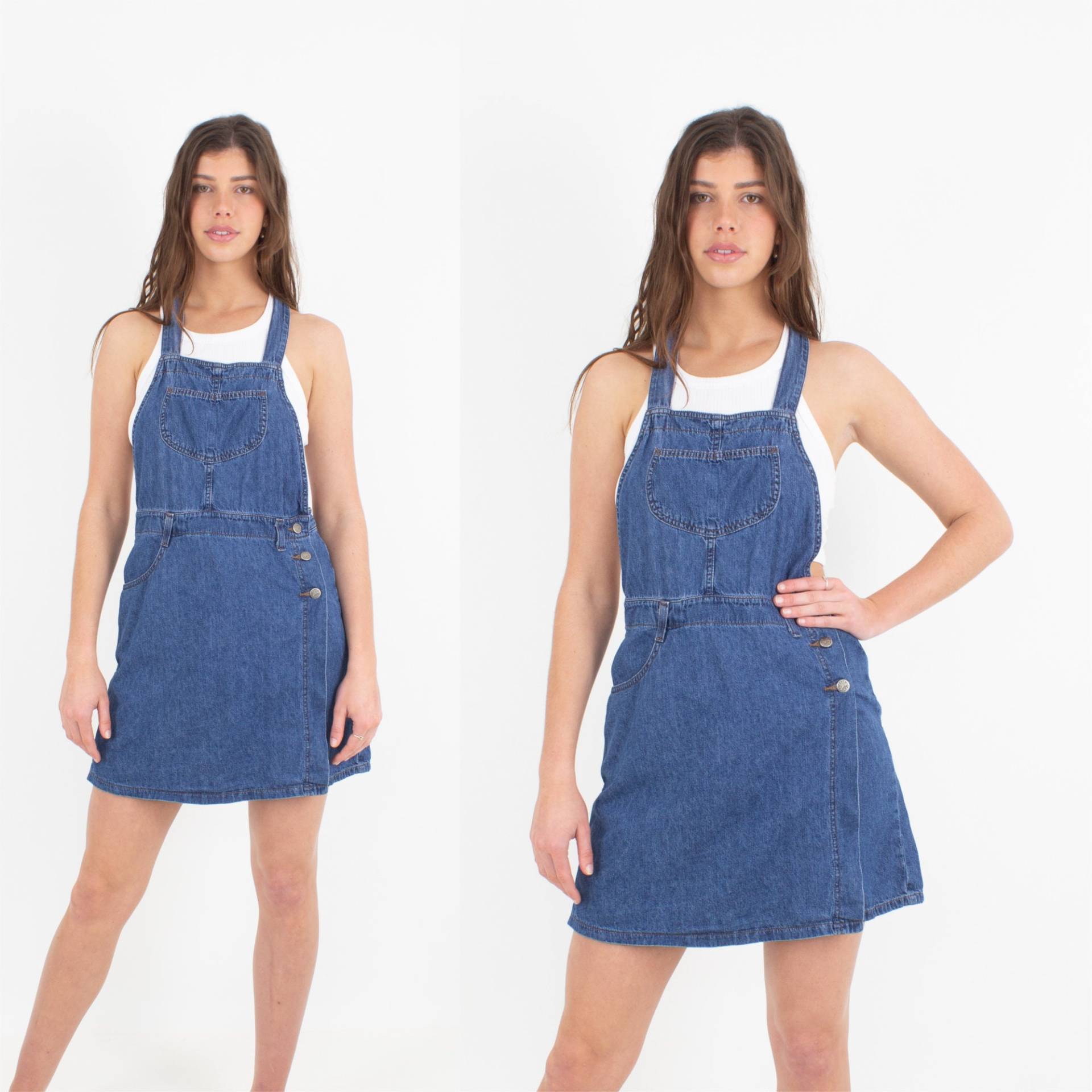 90Er 1990Er Lee Dunkelblau Jeans Baumwolle Overall Pinafore Skort Kurzwickelrock Minikleid | Damen Mädchen Ärmelloses Festival - Größe M von MarlowVintage