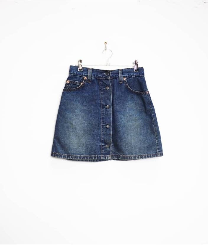 Blaue Denim Mini-Rock Vintage Button-Down Rock Blau Xs Button Down Hoch Taillierte Hohe Taille von MarmaladeVintageCo