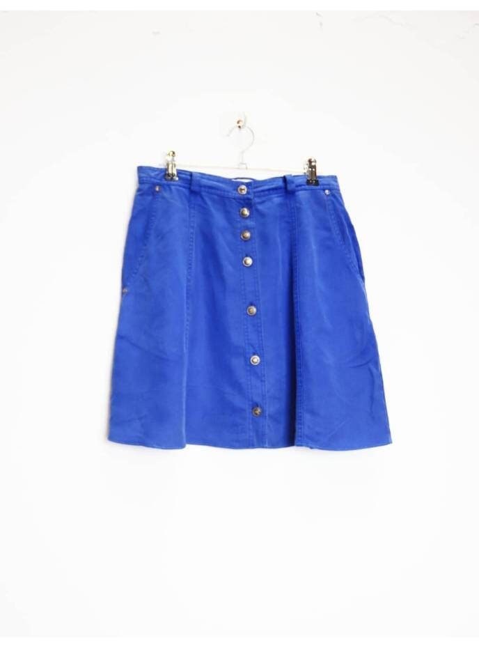 Blauer Minirock Vintage Button-Down Rock Kleiner Knopf Unten Hoch Warte Klein von MarmaladeVintageCo