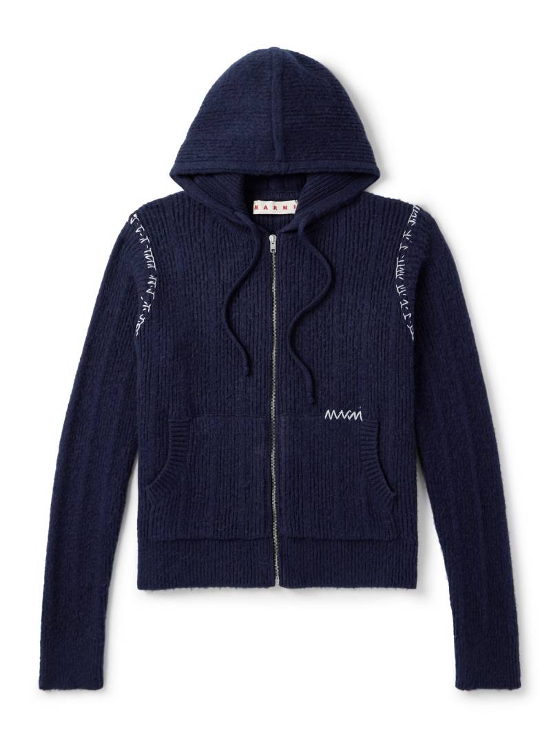 Marni - Embroidered Ribbed Wool and Cashmere-Blend Zip-Up Hoodie - Men - Blue - IT 52 von Marni