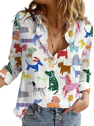 MaroYanYML Damenhemd mit Tiermotiv Hund-Print Langarmhemd Elegante Bürobluse Schickes Freizeit-Oberteil Herbst Stilvolle Damenoberteile von MaroYanYML