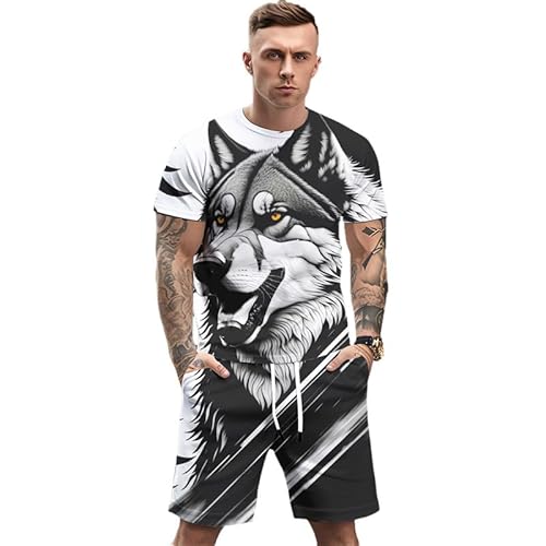 Zweiteiliges Set Herren Wikinger Wolf Tattoo 3D gedruckt T-Shirt Shorts Set Mode Sommer Trainingsanzug Sportanzug von MaroYanYML