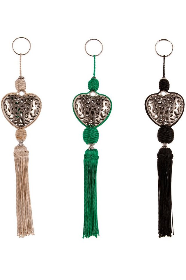 Marrakesch Orient & Mediterran Interior Anhänger Schlüssel 3er SET Orientalische Taschen Anhänger Herz-form Kombination 3, 22cm (Set, 3-tlg., Enthält 4 handgefertigte Anhänger mit Quaste und Metallanhänger), Handarbeit von Marrakesch Orient & Mediterran Interior