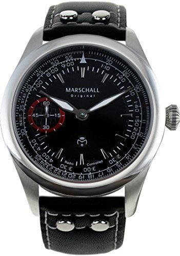 Marschall Original Herren Armbanduhr I Pilota Acero Negro I Piloten-Funkuhr mit schwarzem Lederarmband I Lumineszierende Zeiger I Modern und leistungsstark von Marschall Original