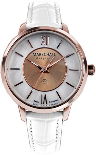 Marschall Original Damen Armbanduhr I Clasica Perla Rosa I Klassische Funkuhr mit weißem Lederarmband I Lumineszierende Zeiger I Modern und leistungsstark von Marschall