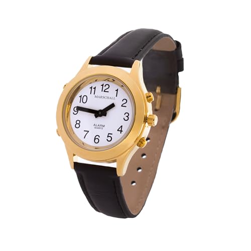 Marschall Deutsch sprechende Damen Armbanduhr I D-GL I Für Blinde, Senioren und Sehbehinderte I Komplette Datumsansage I Extra große Zeiger I Goldfarben mit Lederarmband von Marschall