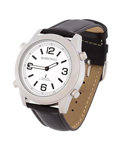 Marschall Deutsch sprechende Herren Armbanduhr I 1136L I Funkarmbanduhr I Für Blinde, Senioren und Sehbehinderte I Datum- und Zeitansage I Extra große Zeiger I Schwarzes Lederarmband von Marschall