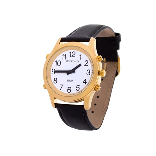 Marschall Deutsch sprechende Herren Armbanduhr I H-GL I Für Blinde, Senioren und Sehbehinderte I Komplette Datumsansage I Extra große Zeiger I Goldfarben mit Lederarmband von Marschall