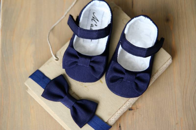 Navy Baby-Mädchen Schuhe, Marine Blaue Bogen Stirnband, Mary Jane, Dunkelblaue Kleinkind Mädchen Kleidschuhe, Ausgefallene Kostüm Schuhe Weihnachten von MartBabyAccessories