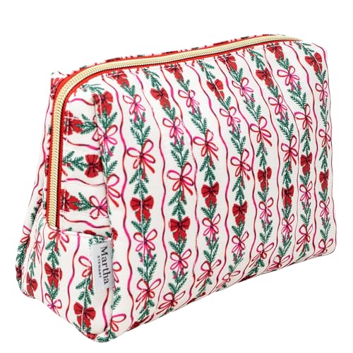 Martha Stewart Festive Gesteppte Make-up-Tasche, kompakter Kosmetik-Organizer für Damen, kleine Reißverschlusstasche mit PVC-Futter, 22,2 x 10,2 x 15,2 cm (Urlaubsschleifen) von Martha Stewart