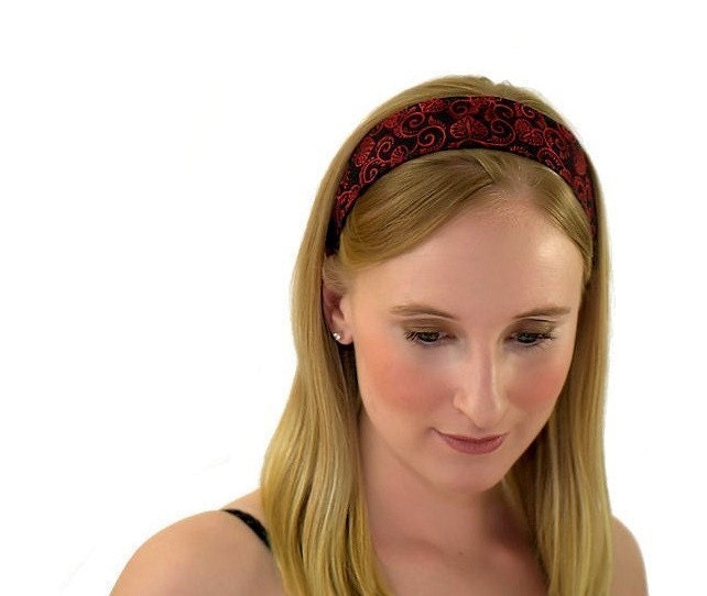 Skinny Stirnband, Zarte Rote Blätter Und Reben Über Schwarz, Wunderschöne Stoff Stirnband Skinny Stirnband, Zarte Rote Blätter Und Reben Über Schwarz, Wunderschöne Stoff Stirnband von MarthasFabricHouse
