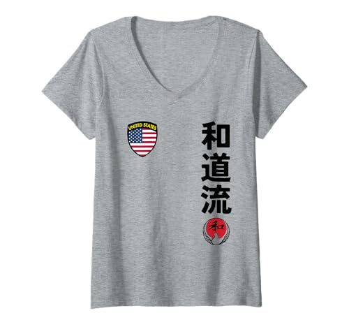 Damen Team Karate Wado Ryu USA Flag Kanji Japanese Martial Arts T-Shirt mit V-Ausschnitt von Martial Artists Team