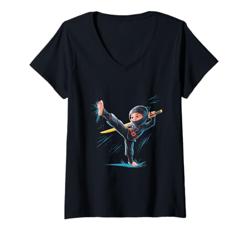 Damen Ninja Kick-Action-Design T-Shirt mit V-Ausschnitt von Martial Arts Ninja Kick Action