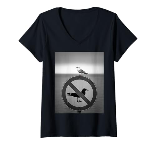 Damen Lustiger Möwen-Spruch Vogel ignoriert Keine Möwen Schild Humor T-Shirt mit V-Ausschnitt Damen Lustiger Möwen-Spruch Vogel ignoriert Keine Möwen Schild Humor T-Shirt mit V-Ausschnitt von Martial Ninja Fighter Japanese American African