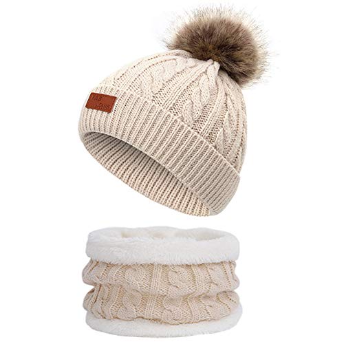 Martin Kench Kinder Winter Beanie Hut Schal Set Winter Mütze Loop Schal Set Kinder Unisex Strick Bommelmütze Wolle Schal für Mädchen Baby (Beige) von Martin Kench