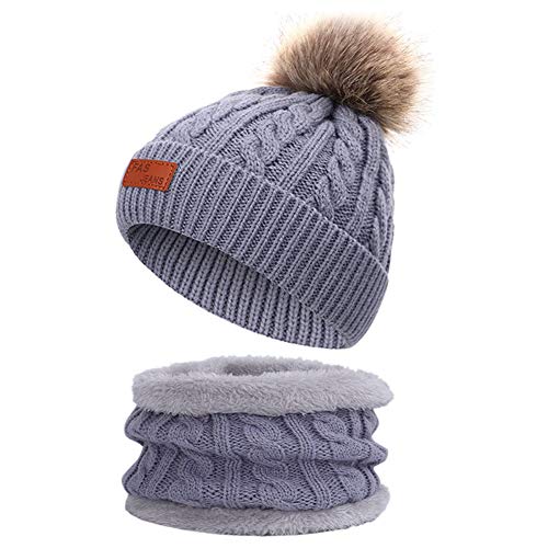 Martin Kench Kinder Winter Beanie Hut Schal Set Winter Mütze Loop Schal Set Kinder Unisex Strick Bommelmütze Wolle Schal für Mädchen Baby (Grau) von Martin Kench