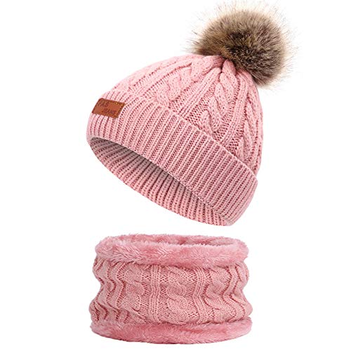 Martin Kench Kinder Winter Beanie Hut Schal Set Winter Mütze Loop Schal Set Kinder Unisex Strick Bommelmütze Wolle Schal für Mädchen Baby (Rosa) von Martin Kench