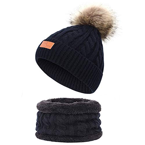 Martin Kench Kinder Winter Beanie Hut Schal Set Winter Mütze Loop Schal Set Kinder Unisex Strick Bommelmütze Wolle Schal für Mädchen Baby (Schwarz) von Martin Kench