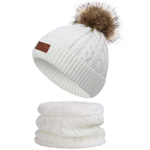 Martin Kench Kinder Winter Beanie Hut Schal Set - Unisex Strick Bommelmütze Wolle Loop für Mädchen Baby (Weiß) von Martin Kench