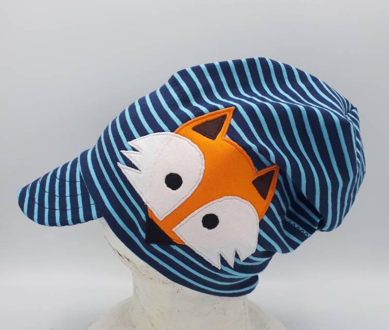 Beanie Blau Hellblau Gestreift, Mit Schirm, Für Kinder, Fuchsdesign von MartinaBormann