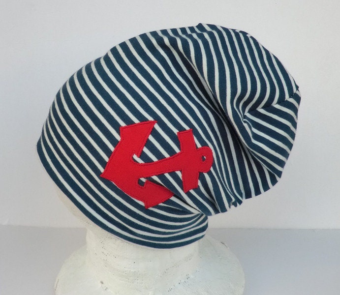 Beanie Mütze Für Kinder Blau Weiß Gestreift Mit Anker Rot, Babymütze von MartinaBormann