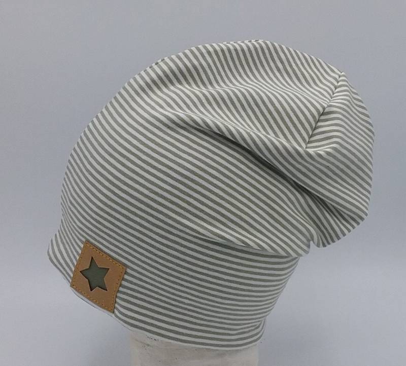 Beanie Mütze Für Kinder Und Erwachsene, Grün Weiß Gestreift, Label Stern, Babymütze von MartinaBormann