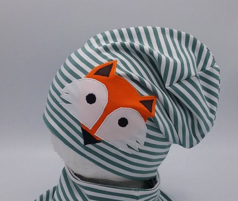 Beanie Mütze Für Kinder Weiß Grün Gestreift Mit Fuchs, Babymütze von MartinaBormann